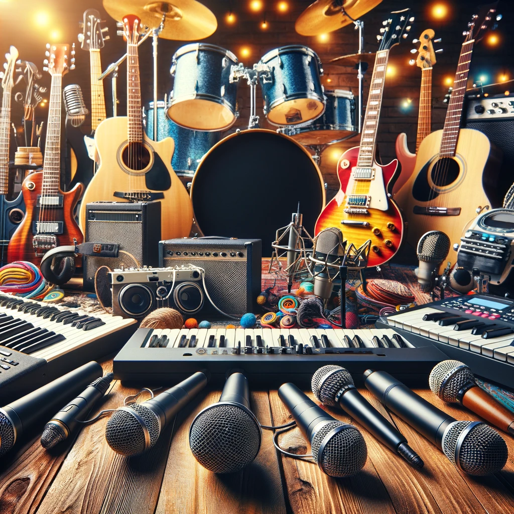 Diverse musical instruments and gear for all skill levels