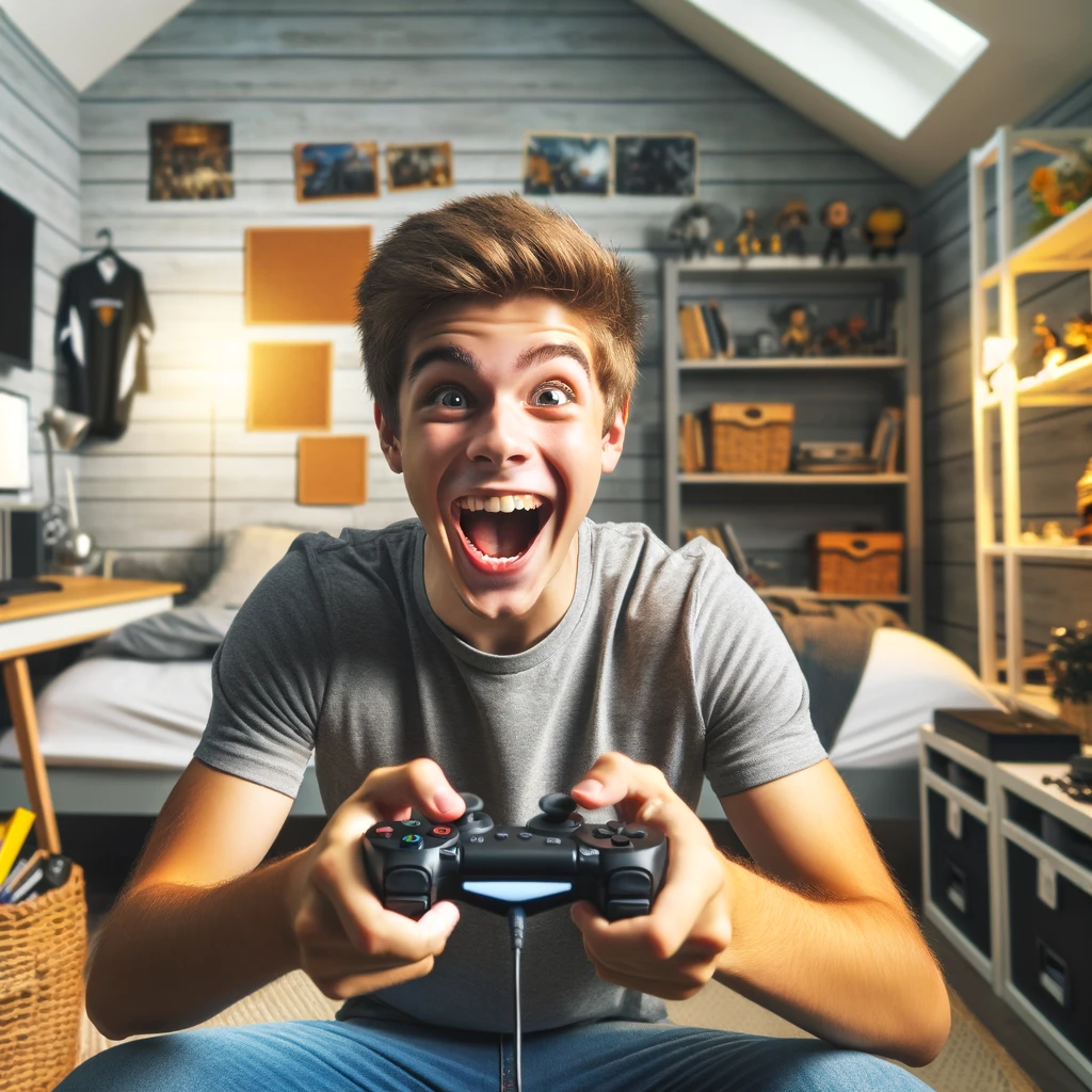 Excited white teenage male in his bedroom, on the cusp of beating a challenging level in a video game, surrounded by gaming equipment and decorations, embodying the thrill and anticipation of gaming