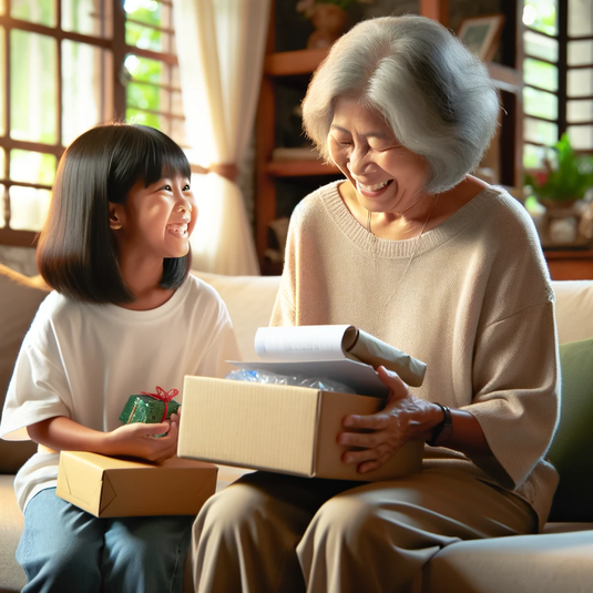 Asian grandmother and granddaughter opening a delivery from online shopping
