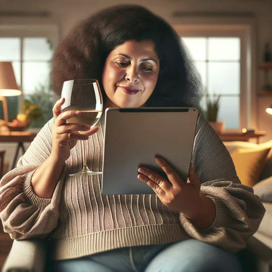 Latino Woman enjoying a glass of wine while online shopping